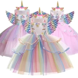 Conjunto de 3 peças de vestido de festa de aniversário de unicórnio para meninas