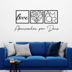 Kit com 3 Quadros Love Coração Geométrico Amor + Frase de Parede Abençoados por Deus Religioso MDF C/Dupla Face