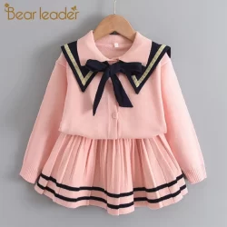 Líder Do Urso Kids Suit 3-7 Year Old Solid Color Lapel Knit Cardigan + Saia Plissada Sweater Conjunto De 2 Peças Roupas Casuais Diárias De Outono E Inverno
