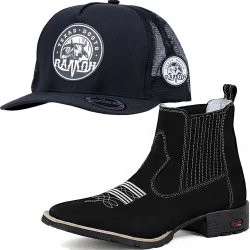 Bota Botina Masculina Preta Dia a Dia Couro Legítimo e Boné