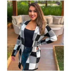 Kimono Xadrez Quadriculado Tricot Cardigã Manga Longa Feminino