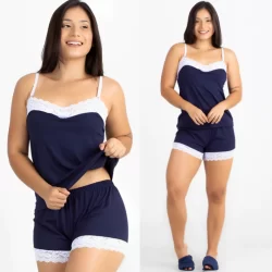 Pijama Plume Nobre Azul Marinho Com Renda Francesa e Alcinha