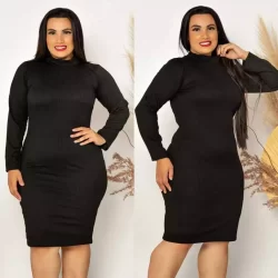 Vestido Midi Gola Alta Manga Comprida Plus Size