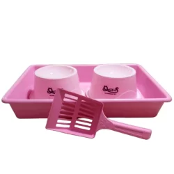 Kit gato - 1 Bandeja higiênica, 1 pá e 2 comedouros elavados antiformiga 250mL.