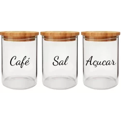 Kit 3 Potes Hermético Luxo De Vidro Para Café Açucar E Sal