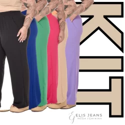 Kit 2 Calça Pantalona Plus Size Feminina Com Bolso Cintura Alta Tecido Duna Zero Transparencia