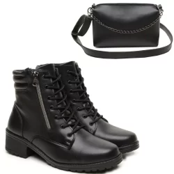 Coturno Bota Feminina Salto Baixo Confortável leve + Bolsa Feminina de Ombro