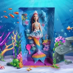 Boneca Brinquedo de Sereia Princesa com Luz Led e Som Musica com Cauda Arco Iris