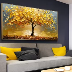 Quadro Grande 110x70 Decoração Casa Sala Quarto Escritório Luxo Flor Árvore Amarela Dourada Paisagem