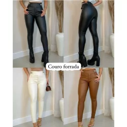 Calça Feminina Flanelada Forrada Inverno Resinada Couro Eco Vinil