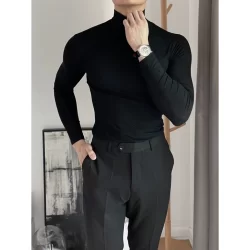 Camisa Masculina Canelada Gola Alta manga longa estilo Old Money
