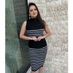 Conjunto 2 peças saia midi + cropped garrafinha  canelado listrado tricot modal