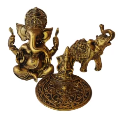 kit Elefante Hindu + Ganesha + Incensário em Resina Decoração