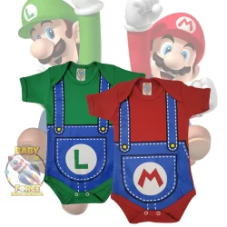 Body Mesversário Kit 2 pçs Mario e Luigi, bebê e Temático