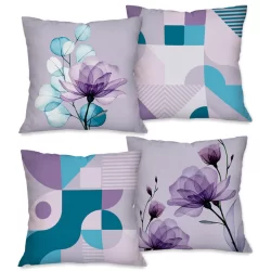 Kit com 4 Capas para Almofadas Decorativas Exclusivo 45X45cm Flores Lilás