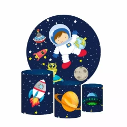Kit Painel de Festa Redondo + Trio Capas Cilindro Astronauta Galáxia