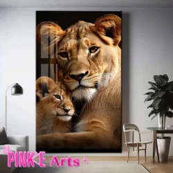 QUADRO DECORATIVO PEÇA ÚNICA LEOA E SEU FILHOTE REFLEXO JANELA DECORAÇÃO INTERIOR PLACA MDF 4K FULL