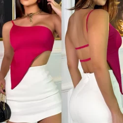 blusa cropped LILIAN ombro só feminina assimétrica forrada canelado tendência blogueira 2024 verao