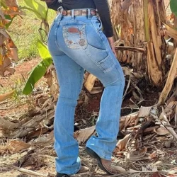Calça Carpinteira Feminina Country Bolso Bordado Jeans Premium Lycra