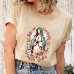 Camiseta Feminina Estampada Virgem Maria Blusa Algodão Camisa Preto Bege Branco
