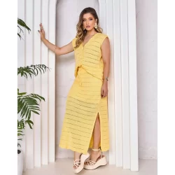 Conjunto Tricot Saia Longa e Blusa Regata Botão Camisa Verão Festa Linha Premium