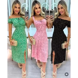 Vestido Midi Feminino Romantico Floral Manga Curta Com Fenda Na Lateral Elastex Nas Costas Viscolinho