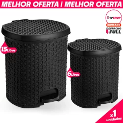 Lixeira Rattan 15L Com Tampa Pedal Plastico Reforçado Lixo Organizador de Cozinha Escritório Quarto Banheiro Casa