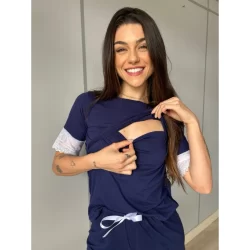 Pijama Curto Amamentação com Renda   Francesa  Ultra Confort