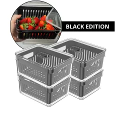 Kit 4 Organizadores de Geladeira 2,2L Preto de Acrílico Cesta Drenagem Frutas Saladas Ou Clear Fresh