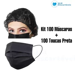 Kit 100 Touca Descartável Preta + 100 Máscara Descartável Preta TNT