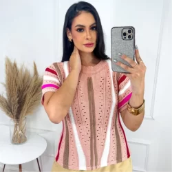 Blusa Feminina de Verão Manga Curta Tricô Modal Colorida Estilo Crochê Tendência Tricot