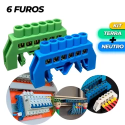 Kit Barramento 1 Neutro e 1 Terra 6 furos Fixação Trilho Din 6 Polos 6 Vias Conector Elétrico Cabo