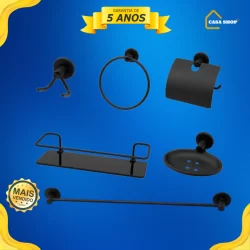 kit para banheiro completo preto fume + porta shampoo prateleira de vidro fume luxo