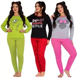 Pijama Feminino Manga Comprida Personagem / Pijama de Inverno / Pijama Longo