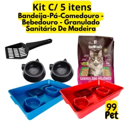 Kit Sanitário Higiênico 5 em 1  Caixa de Areia gatos Comedouro Bebedouro Pá  2 kg de granulado