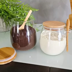 Kit 02 Pote De Vidro Oval 500ml 750ml 950ml Tampa Bambu Hermético Com Colher SEM ADESIVO MIMI