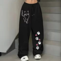 Calça Moletom Barra Reta Larga Patinhas Cat Quentinha Casual Confortavel Wide Leg
