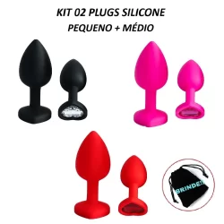 Kit 2 Plugs Anal de Silicone Aveludado com Joia Coração na base Tam P + M- 2 Plugs - Sex Shop