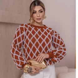 Blusa de Tricô Suéter Feminina Manga Longa Bufante Frio Losangalo Lãzinha Inverno Laffy Tricot