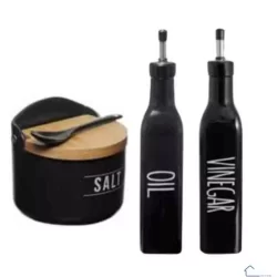 Kit Azeiteiro Vinagreiro e Saleiro Preto Manhattan Vidro Porcelana Inox de Bambu Azeite Vinagre Sal