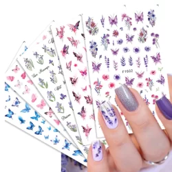 Autocolante Arte De Unhas Vintage Rosa Escura Azul Borboleta Decalque 3D Adesivo Flores Desenho De