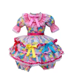 Vestido Junino Fantasia Quadrilha São João Vestido Caipira Estampado Rosa Menina Festa Quadriculado com Short