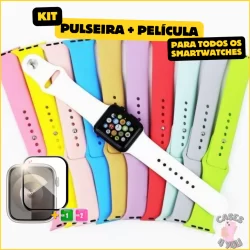 Kit Pulseira de Silicone Lisa + Película Gel para Smartwach Apple Watch IWO 38mm 40mm 42mm 44mm 49mm