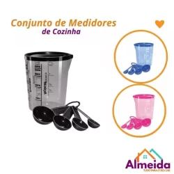 Conjunto Medidores de Cozinha Copo Graduado com Tampa e Colheres 4 Medidas - 5 Peças