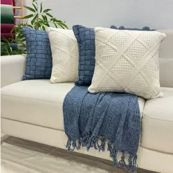Kit de Almofadas Fita Losango Azul Jeans Manta Grande Decorativa Sofa Cama Rustica Boho Artesanal