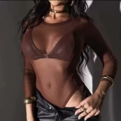 Body Tule Feminino Manga Longa Feminino Transparente Bori Preto, Marrom e Onça Tendência