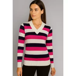 Blusa Feminina de Frio | Blusinha Listrada Feminina de Tricot | Blusa Gola V Listrada | Suéter