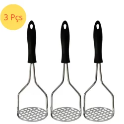 Kit 3 Amassador de Batata Aço Inox Manual Com Cabo Plástico Higiênico E Prático