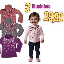 Blusinha  Cacharrel Rovitex Baby de Viscolycra manga longa,o Kit de 3 unidades com  cores sortidas por apenas 29,90