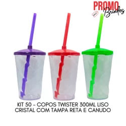 KIT 50 COPOS TWISTER 300ML CRISTAL COM TAMPA E CANUDO PARA FESTA ANIVERSÁRIO CASAMENTO